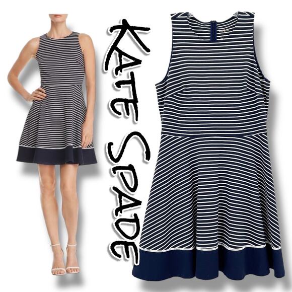 Kate Spade New York Striped Ponte Fit Flare Dress Blue White Striped Womens 10 - Picture 1 of 11
